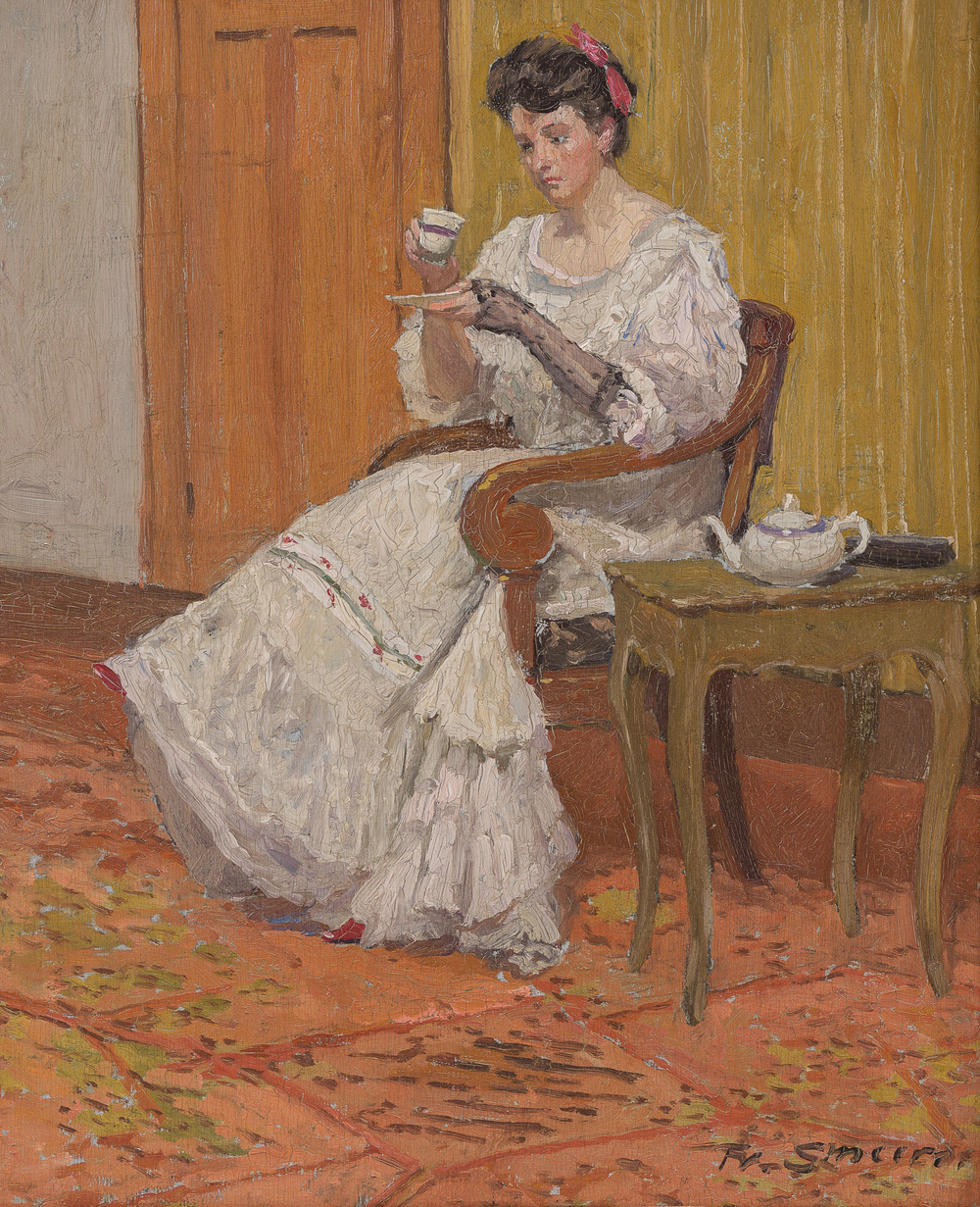 Frans Smeers (1873-1960): 'L'heure du th&eacute;', huile sur panneau
