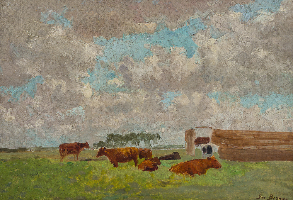 G&eacute;o Bernier (1862-1918): Vaches dans le pr&eacute;, huile sur toile maroufl&eacute;e sur panneau