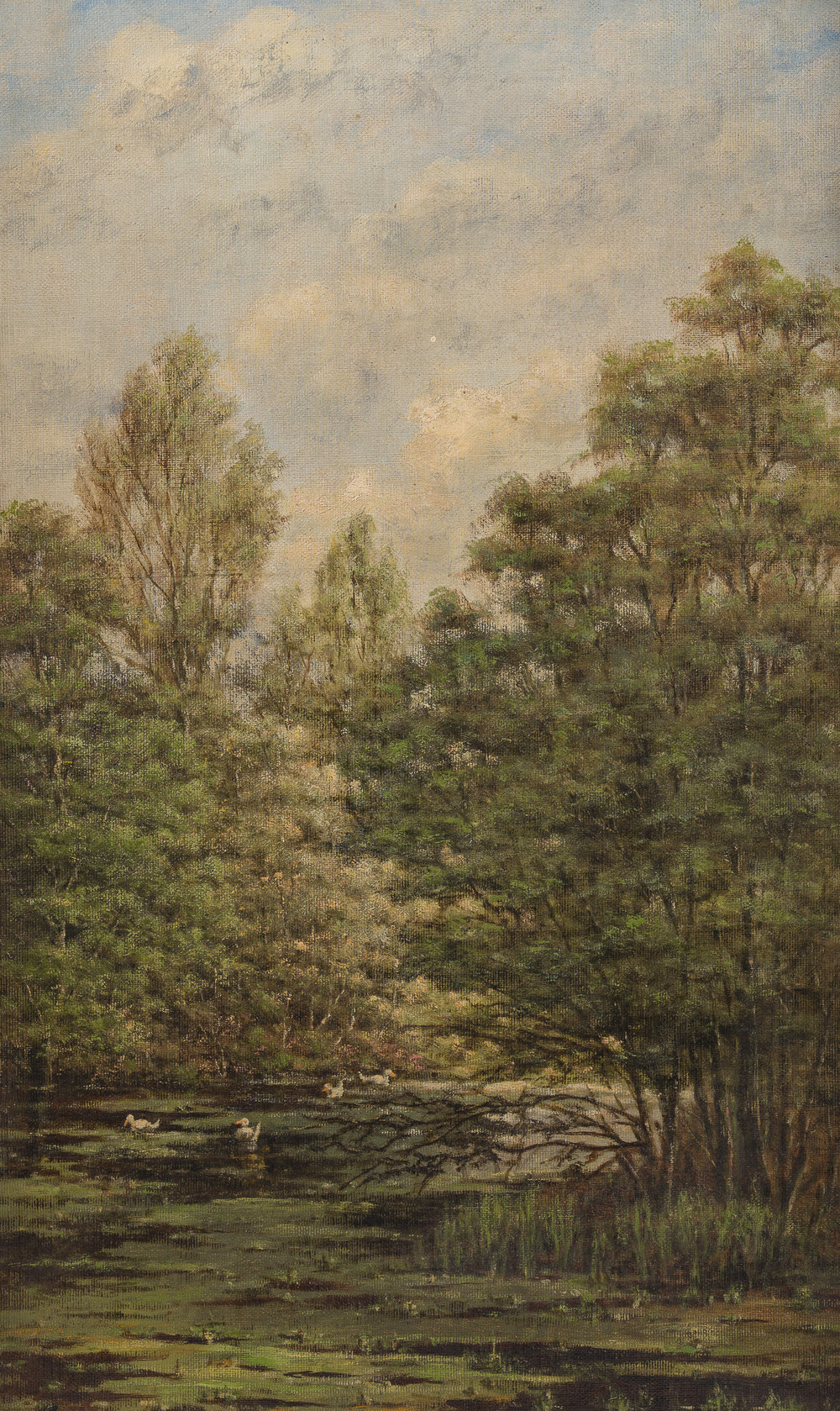 Ernest Rinquet (1876-1943): Paysage fluvial avec canards, huile sur toile