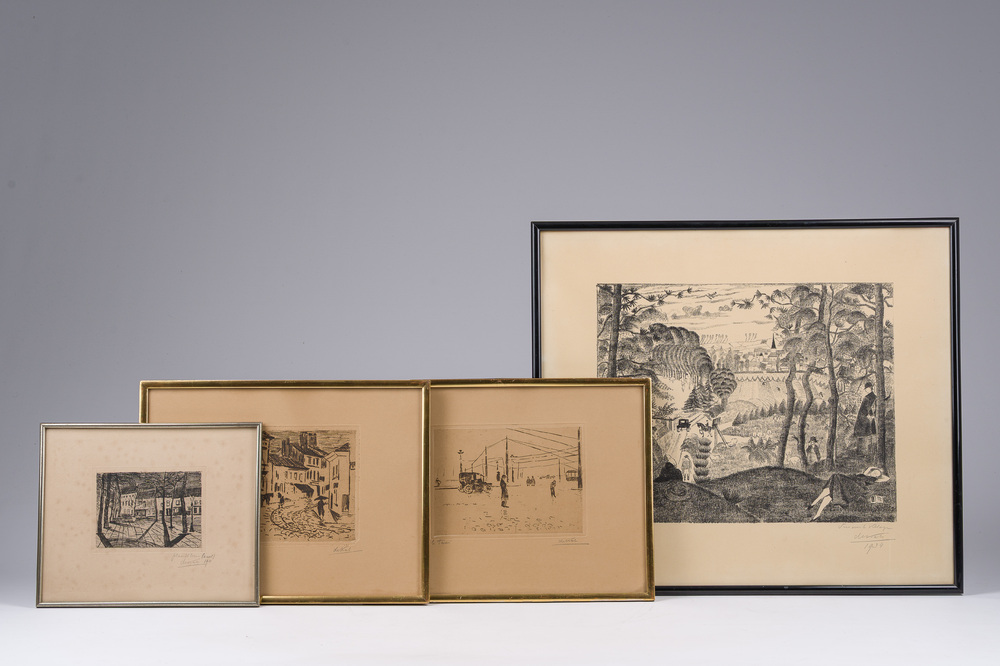 Anne Pierre De Kat (1881-1968) : Quatre vues diverses, trois eaux-fortes et une lithographie, dat&eacute; 1911-1934