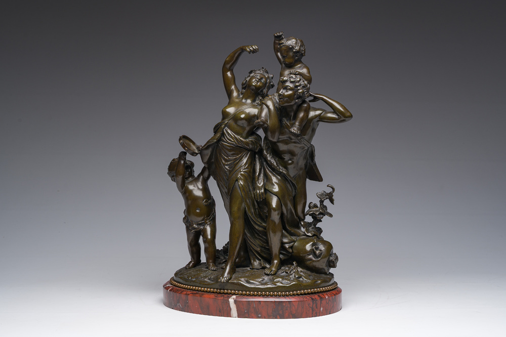 Claude Michel (Clodion, 1738-1814, apr&egrave;s): Le triomphe de Bacchus, bronze patin&eacute; sur socle en marbre, marque de fonderie 'Cresson &Eacute;diteur', 19&egrave;me s.