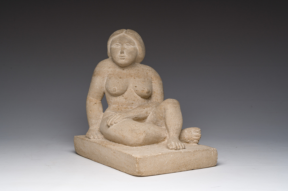 Willem Lorein (20&egrave;me si&egrave;cle): 'Repos' (nu assis), pierre, (1971)