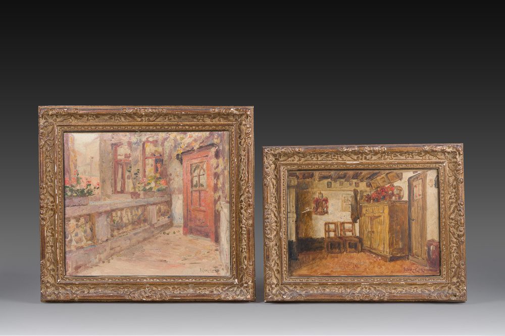 F&eacute;lix Gogo (1872-1953): 'Binnenkoer Wolstraat 7 Antwerpen' &amp; Int&eacute;rieur, huile sur toile, une dat&eacute; 1940