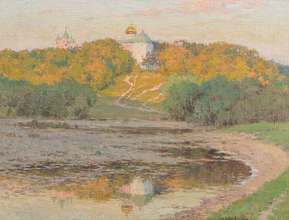 Sergei Evgrafovich Lednev-Shukin (1875-1961): Paysage avec un lac et un palais en arri&egrave;re-plan, huile sur toile maroufl&eacute;e sur board