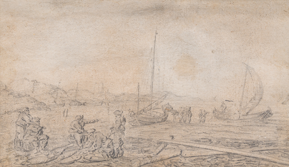 &Eacute;cole hollandaise, dans le style d'Adam Willaerts (1577-1664)&nbsp;: P&ecirc;cheurs au bord de l'eau, crayon sur papier, 17&egrave;me si&egrave;cle