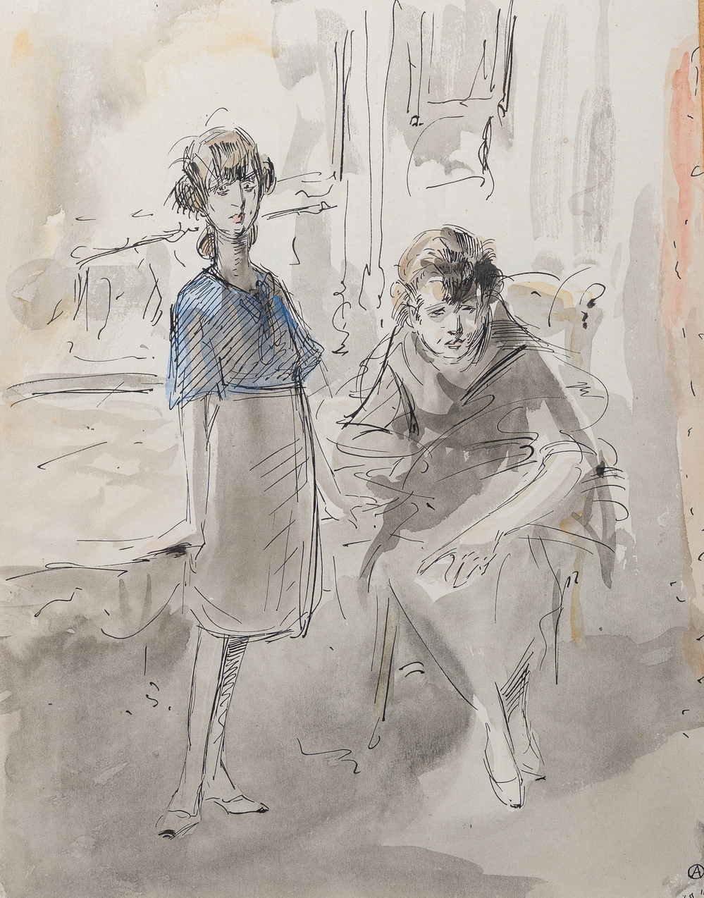 Alfred Ost (1884-1945): 'Vrouw en kind', encre, aquarelle et lavis sur papier, dat&eacute; 29 mars (19)14