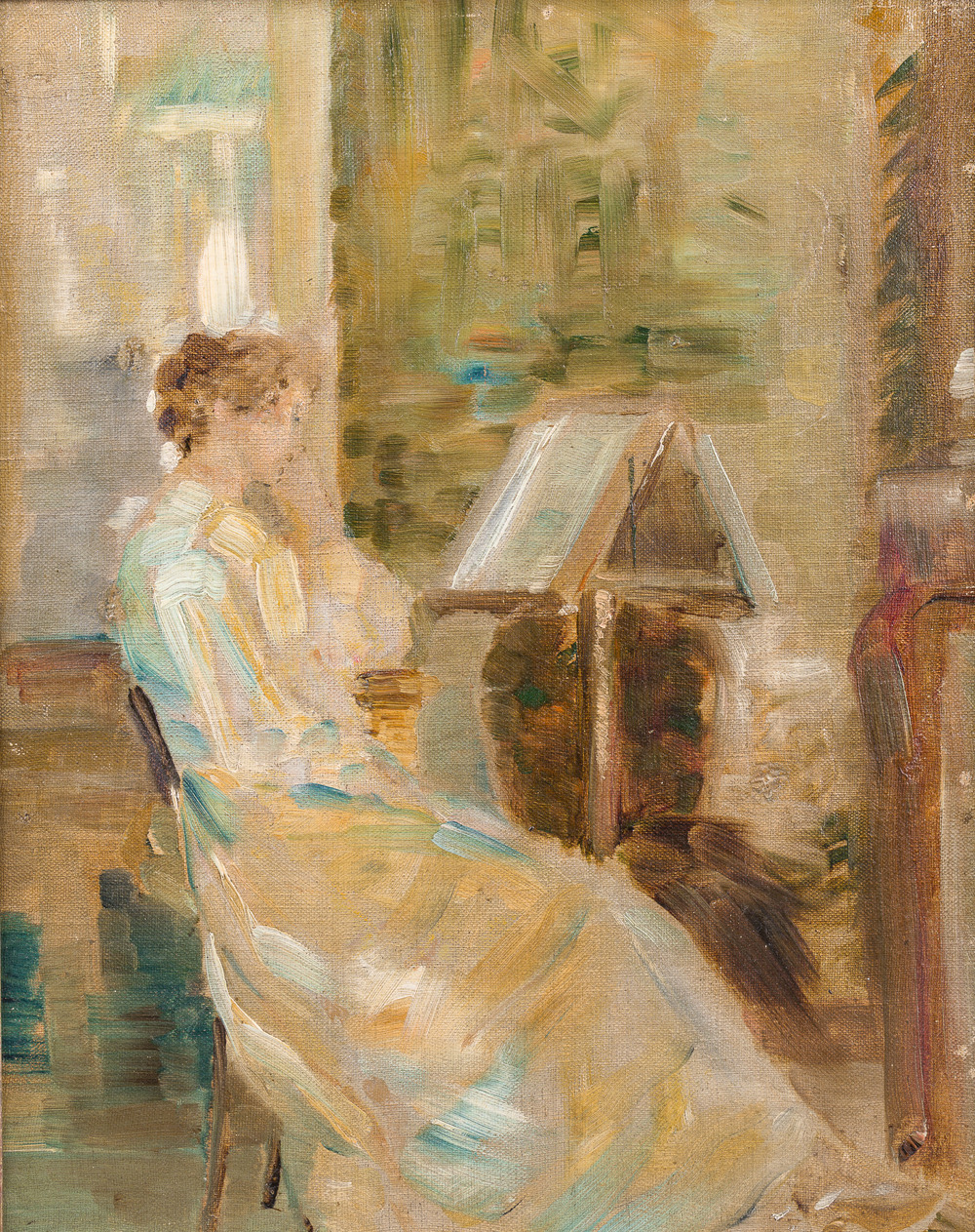 &Eacute;cole belge: Jeune femme &agrave; la lecture, huile sur toile maroufl&eacute;e sur board, 19&egrave;me/20&egrave;me si&egrave;cle