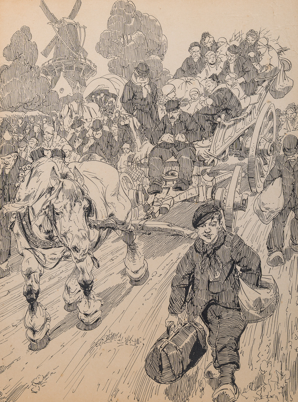 Alfred Ost (1884-1945): 'Sluis', encre noire sur papier, dat&eacute; octobre (19)14