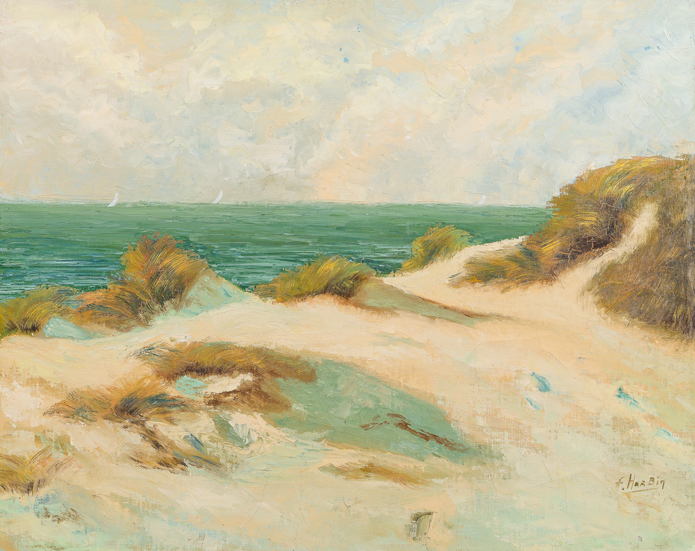 F. Herbin (20&egrave;me si&egrave;cle): Dunes en bord de mer, huile sur carton entoil&eacute;