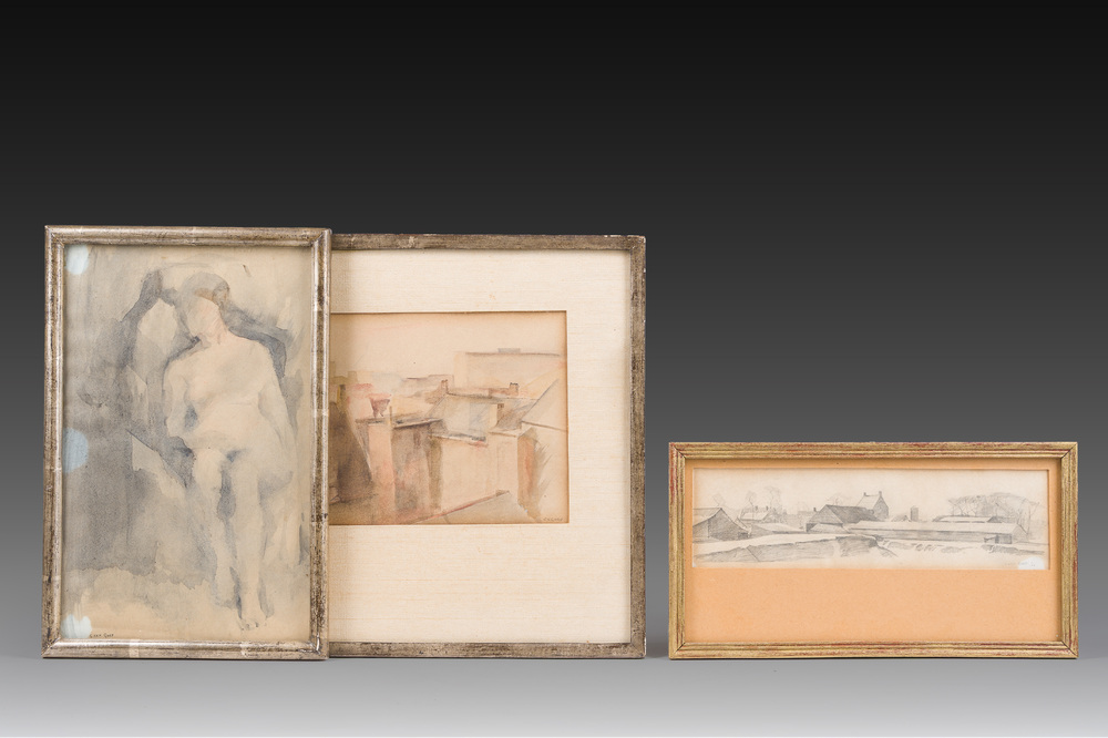 Corneel Lodewijk Pieter Van Gorp (1932-2008): Seated nude, View of a row of roofs &amp; Landscape, watercolour and pencil on paper