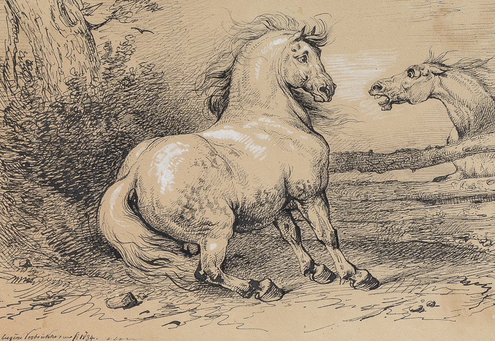 Eug&egrave;ne Verboeckhoven (1798-1881): Chevaux dans un paysage, dessin &agrave; l'encre rehauss&eacute;e, dat&eacute; 1834