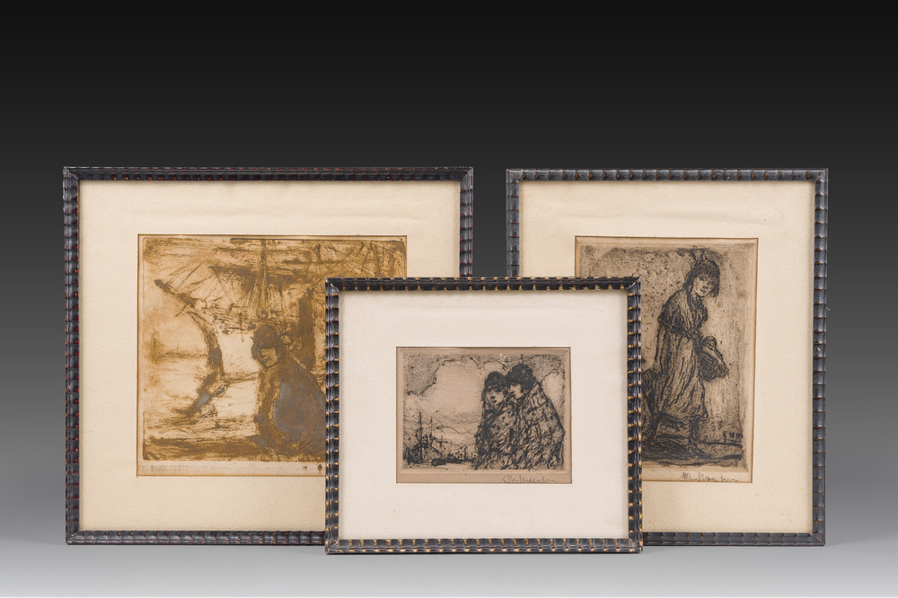 Eugeen Van Mieghem (1875-1930): Three various etchings with figures in a harbour context