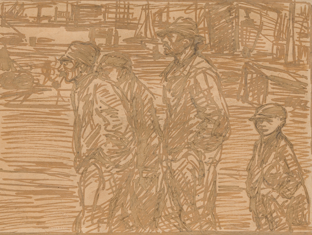 Eugeen Van Mieghem (1875-1930): Les dockers, encre brune sur papier
