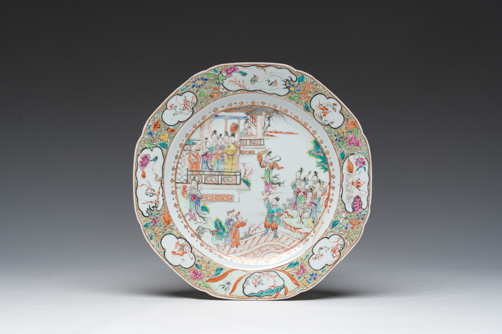A Chinese octagonal famille rose 'Mandarin acrobat' plate, Qianlong