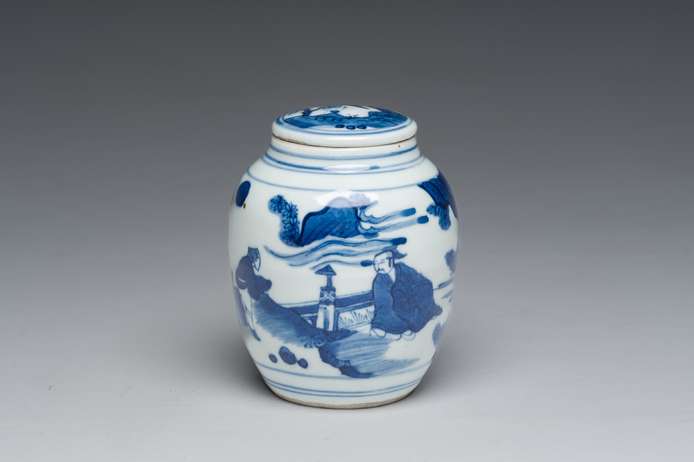 A Japanese blue and white Arita jar and cover with figures in a landscape, Edo, 18th/19th C;