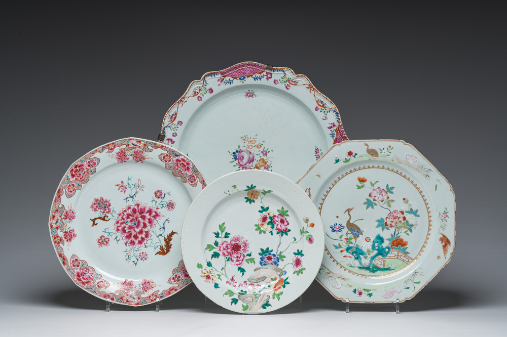 Four Chinese famille rose dishes with birds and flowers, Qianlong