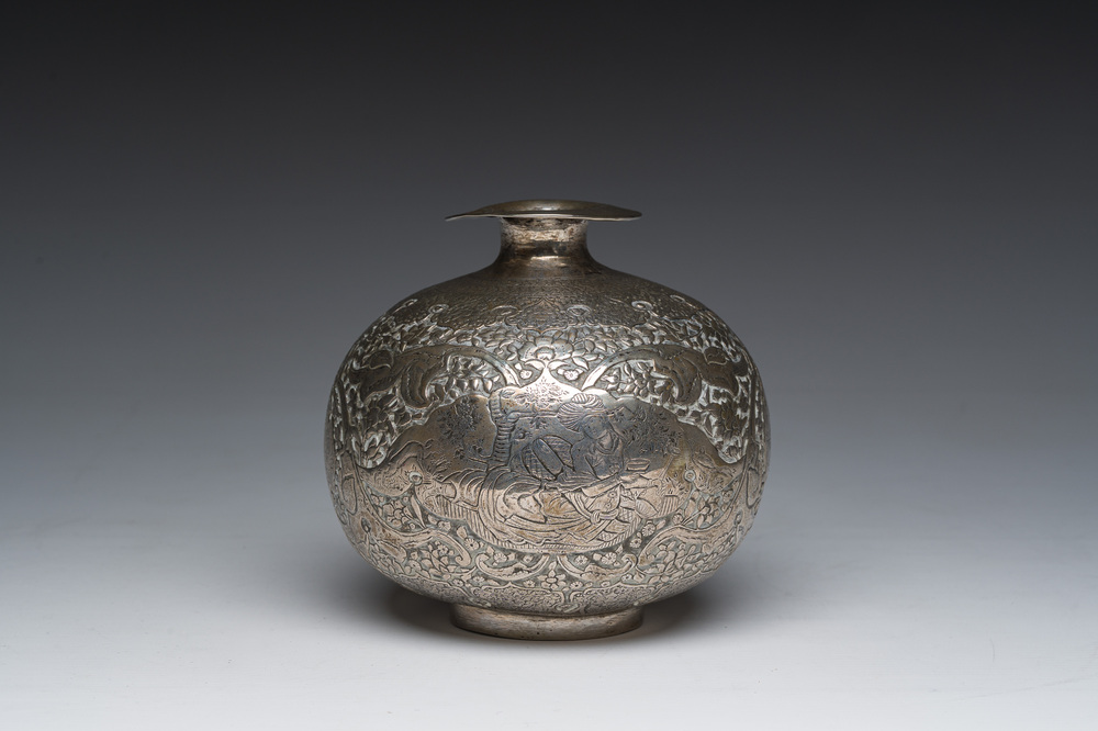 An Egyptian silver spherical vase with engraved design of figures in a landscape and flowers, 600/000, Cairo, dated 1936