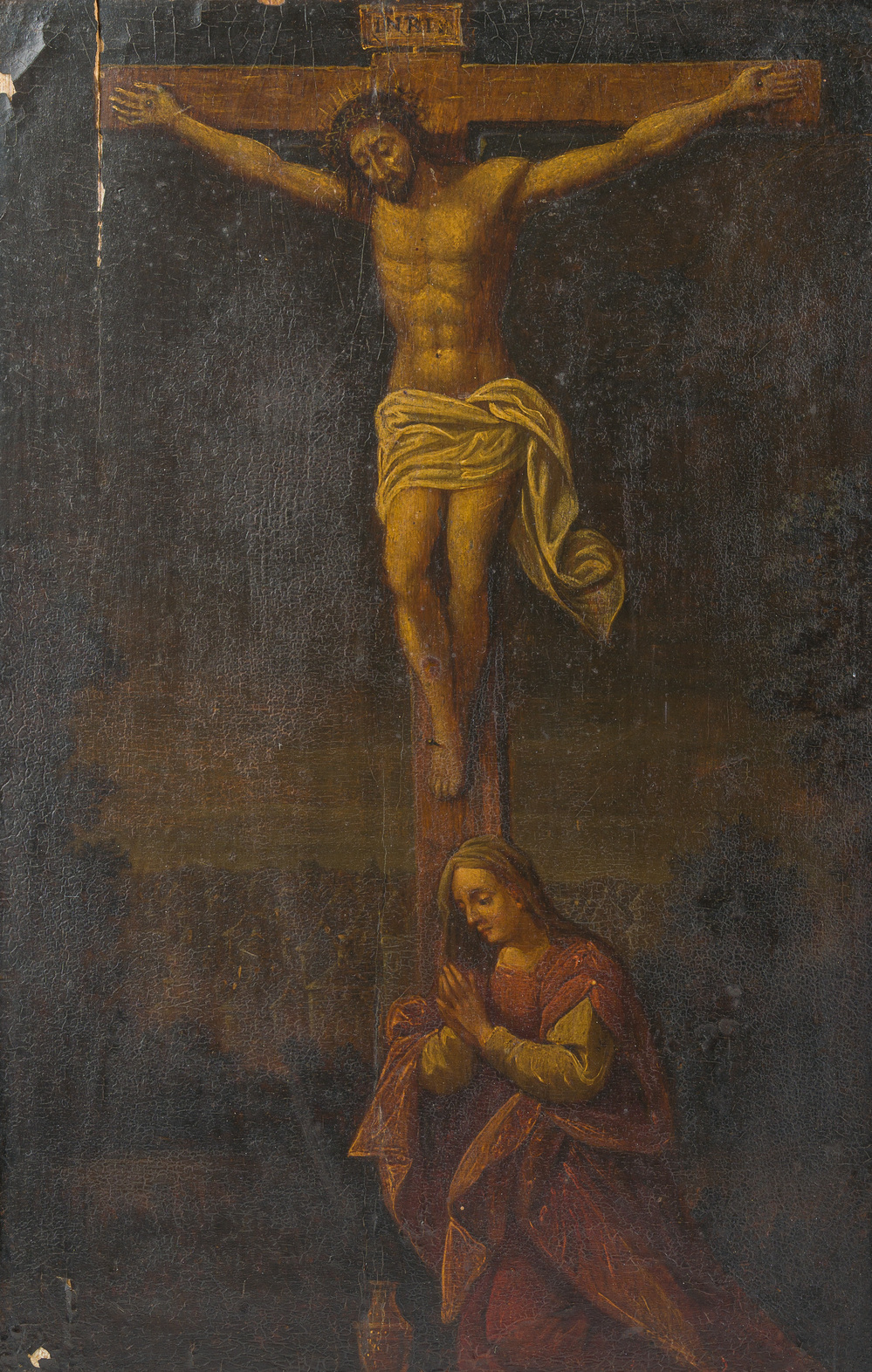 Vlaamse school: Jezus aan het kruis met Maria Magdalena eronder knielend, olie op paneel, ca. 1700