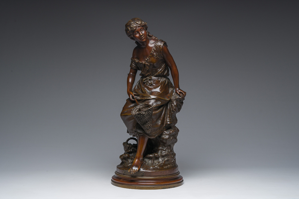 Auguste Moreau (1834-1917): 'P&egrave;cheuse de crevettes', brown patinated bronze, marked 'Soci&eacute;t&eacute; des bronzes de Paris'