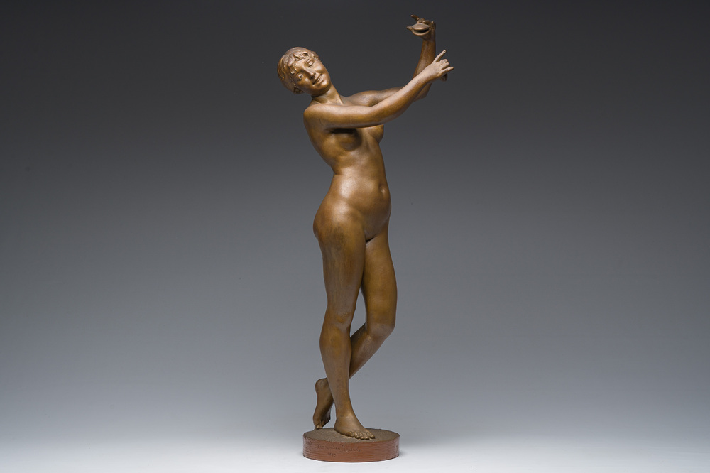 Dominique Van Den Bossche (1854-1906): Nude dancer with castanets, patinated terracotta, Ghent, dated 1893