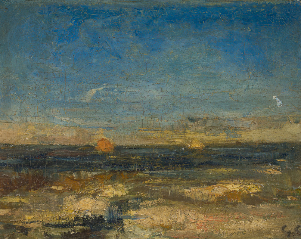 &Eacute;cole fran&ccedil;aise, monogramm&eacute; G.C. (Gustave Courbet, 1819-1877?): Marine au soleil couchant, huile sur toile, 19&egrave;me si&egrave;cle