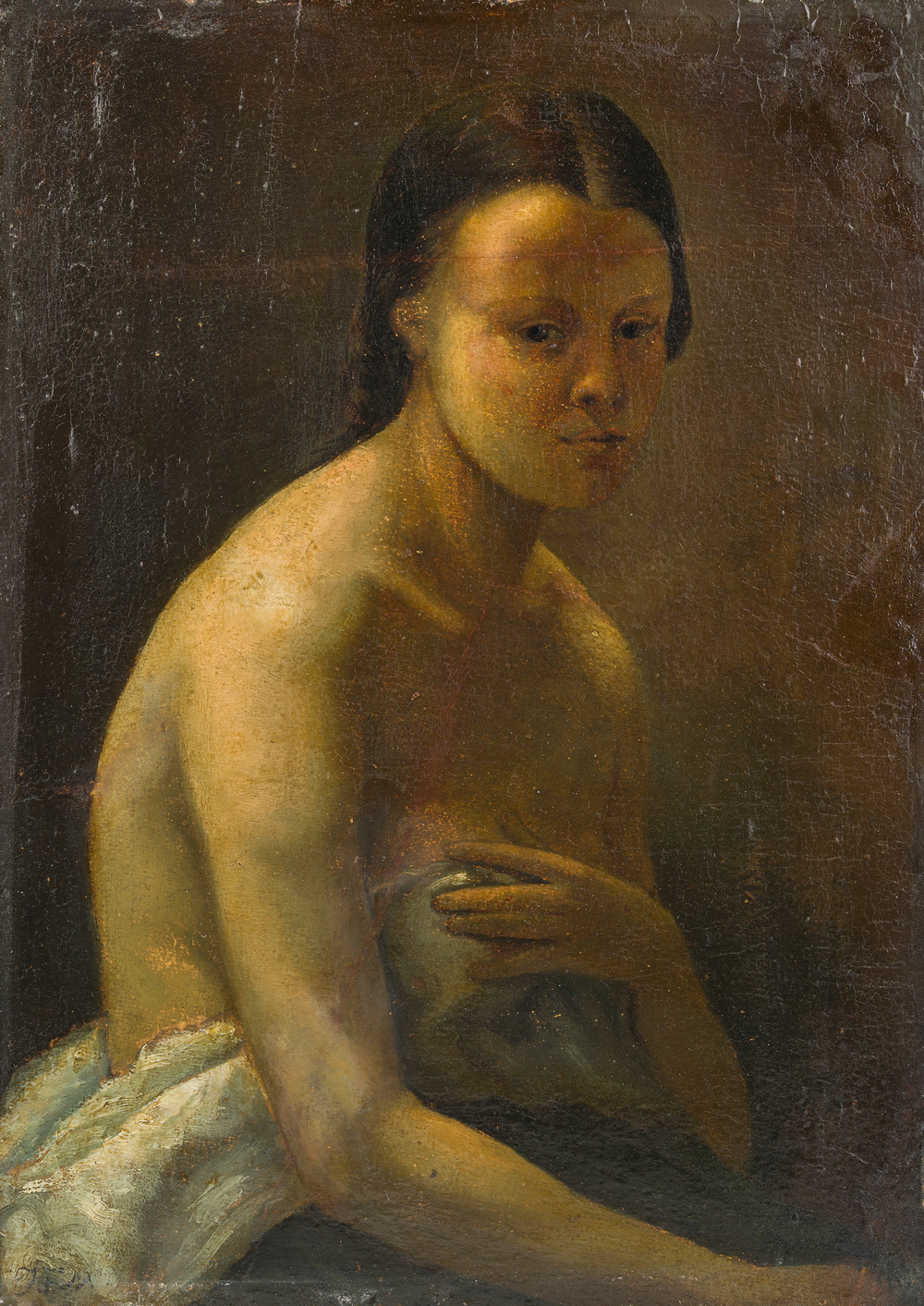 &Eacute;cole fran&ccedil;aise, monogramm&eacute; JFM (Jean Fran&ccedil;ois Millet, 1814-1875 ?): Le mod&egrave;le f&eacute;minin, huile sur papier maroufl&eacute; sur panneau, 19&egrave;me si&egrave;cle