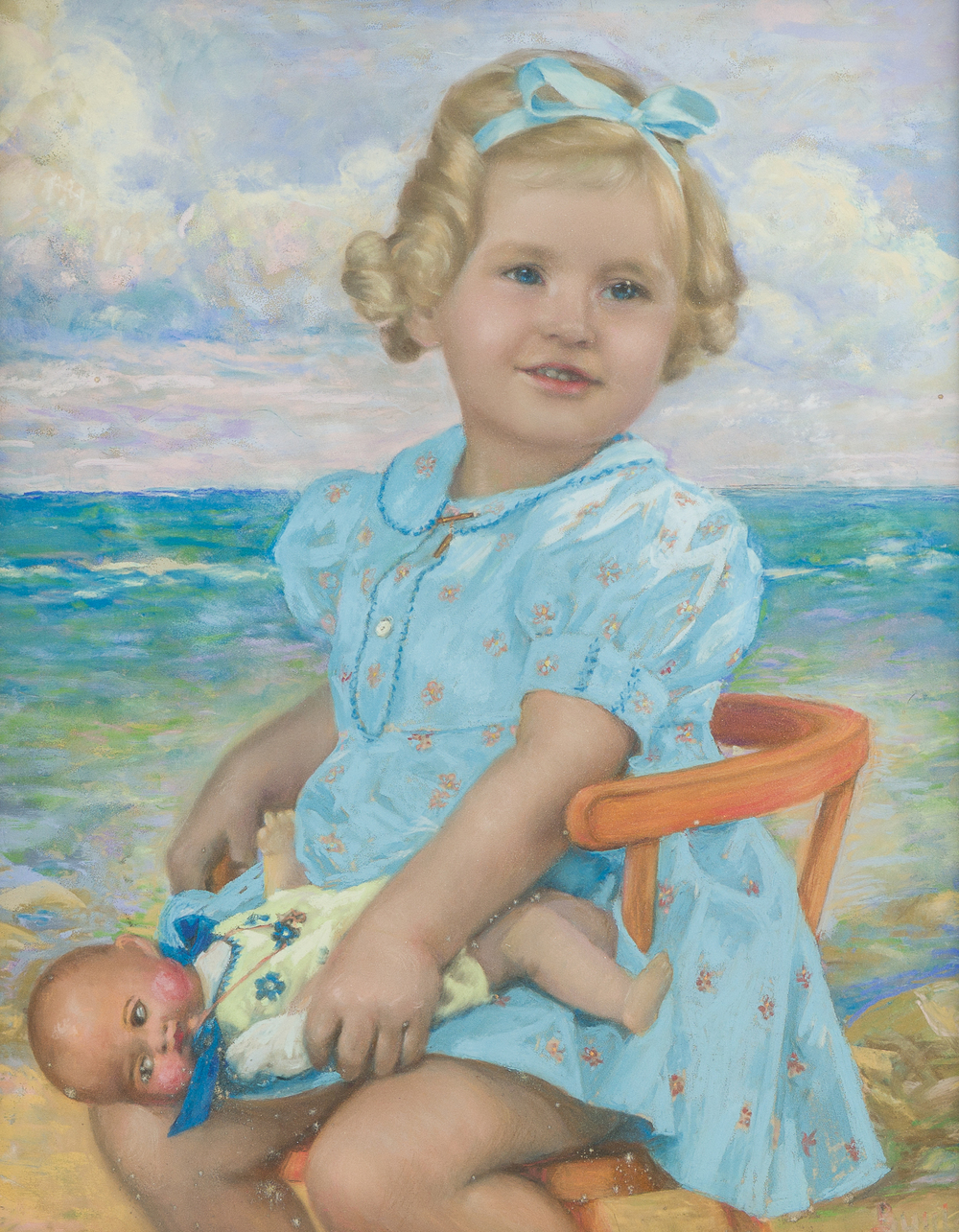 Ferdinand Buyle (1872&ndash;1950): Portret van een klein meisje met een pop aan het strand, pastel op papier, gedateerd (19)38