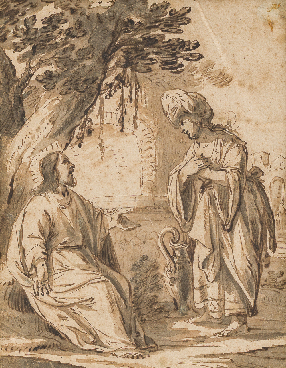 Dutch school: Christ and the Samaritan woman, washed ink drawing on paper, 17th C.