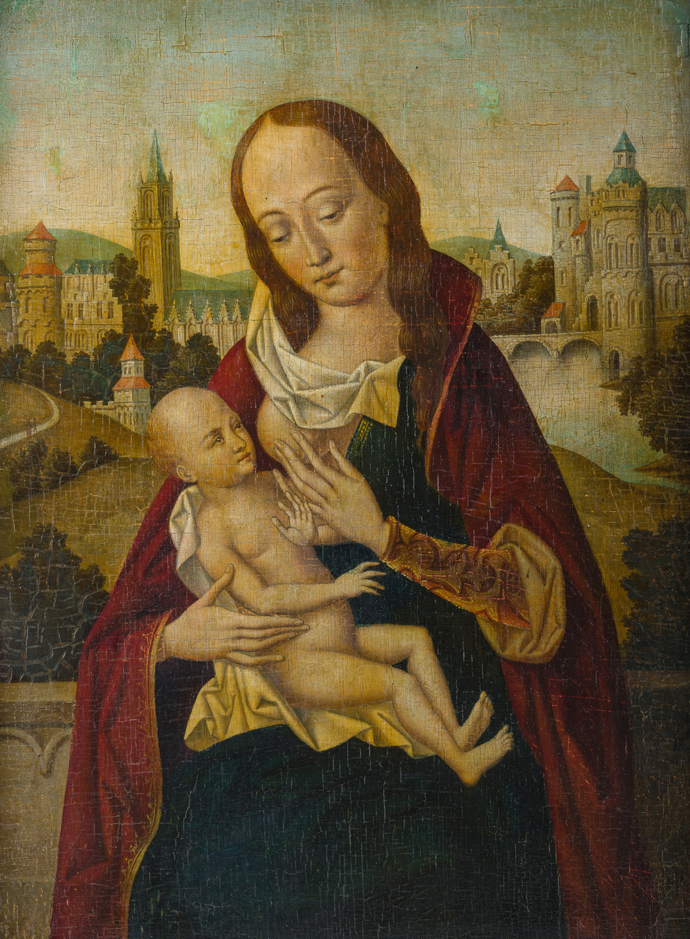 European school, in the manner of the Flemish Primitives: Mary Lactans, oil on panel, 19th C.