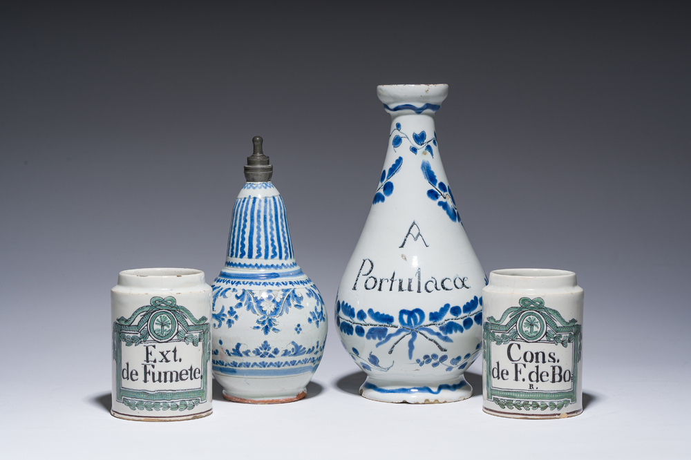 Four French blue, white and polychrome pottery pharmacy jars and bottles, a.o. Lyon and Rouen, 17th/18th C.
