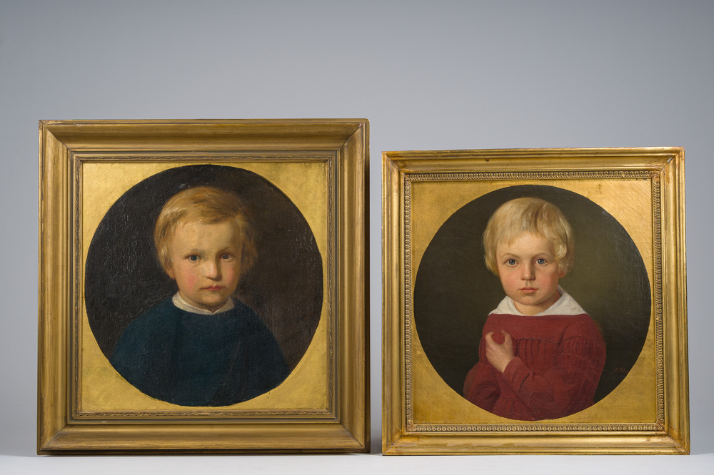 J. May (19de eeuw): Twee kinderportretten, olie op doek en doek gemaroufleerd op board, &eacute;&eacute;n gedateerd 18(..)