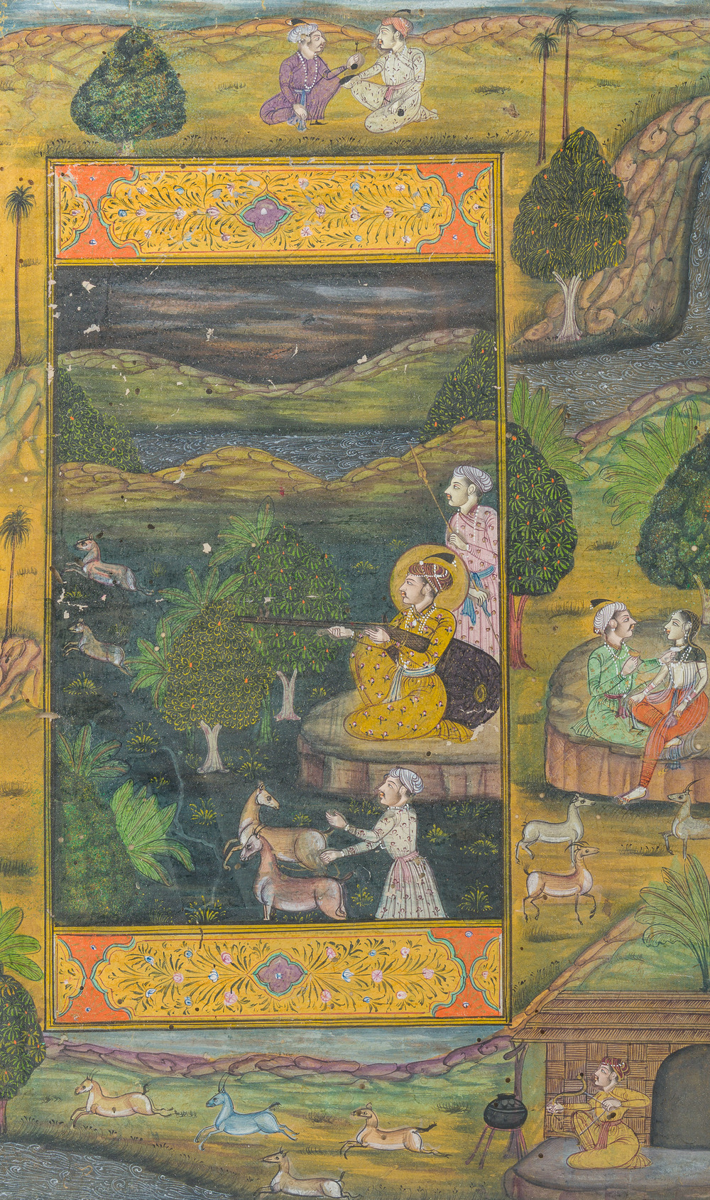 Indian school: A large miniature depicting an animated landscape surrounding a hunting scene, gouache on paper, 19th/20th C.