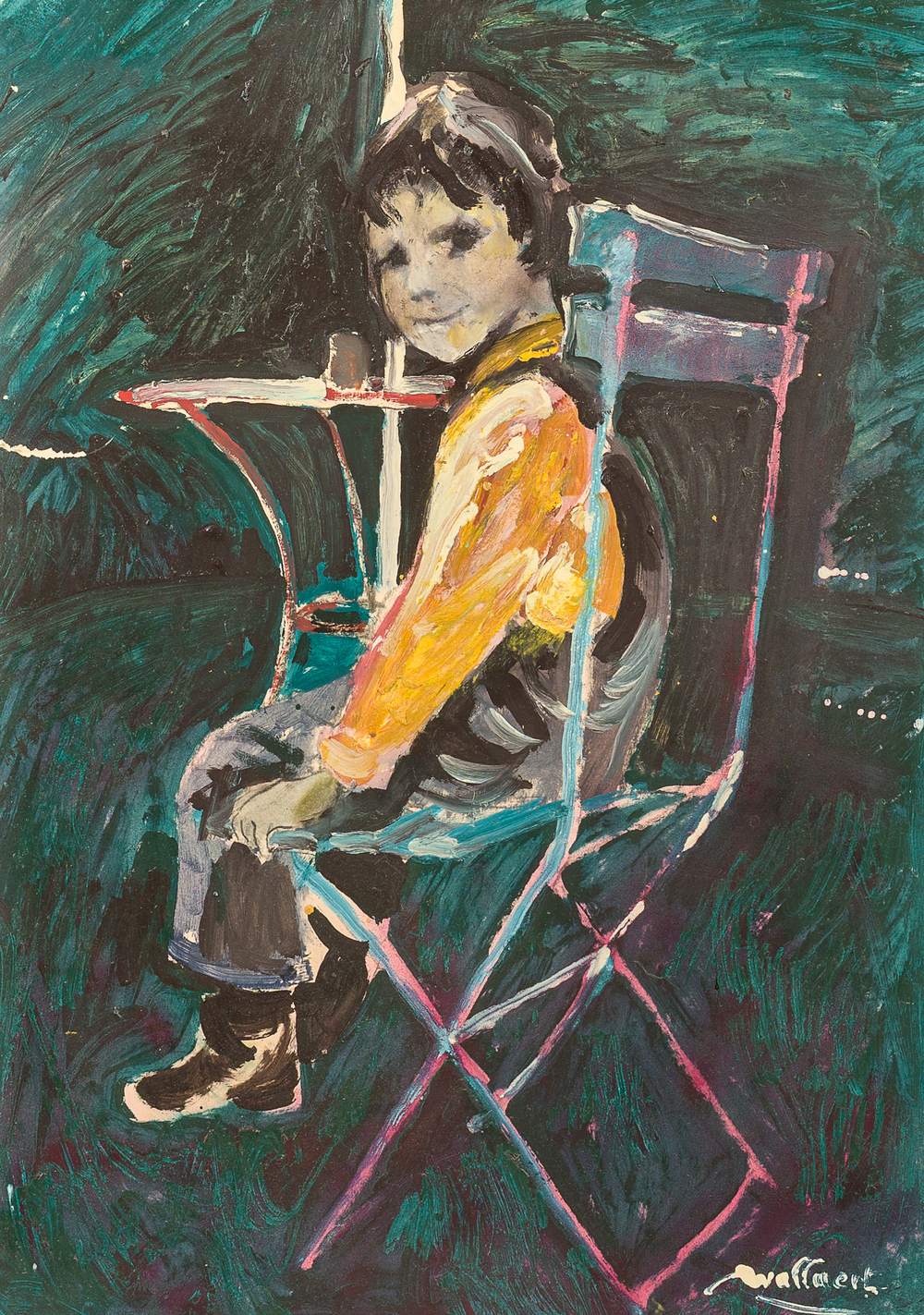 Martin Wallaert (1944): Young boy seated on a terrace, oil on board