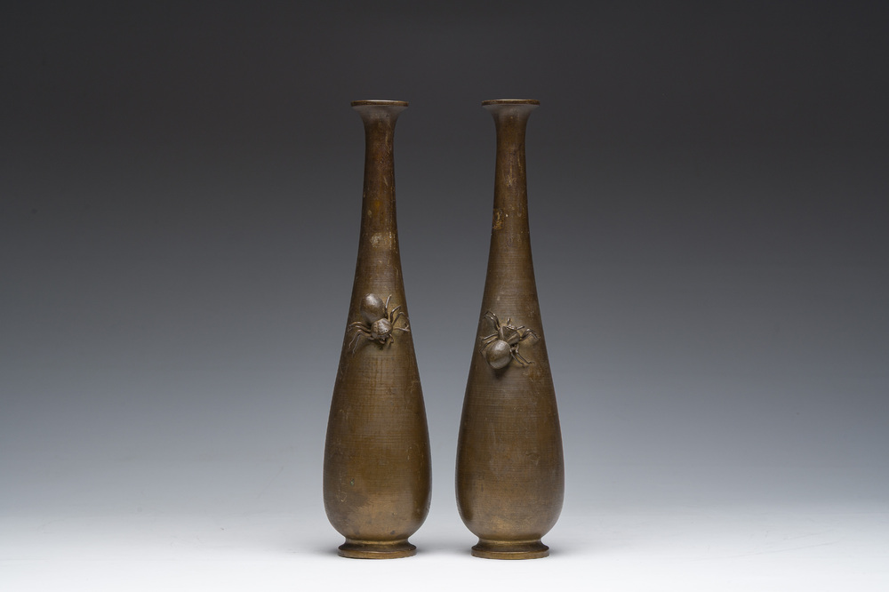 Two Japanese bronze 'spider' vases, Meiji, 19th C.