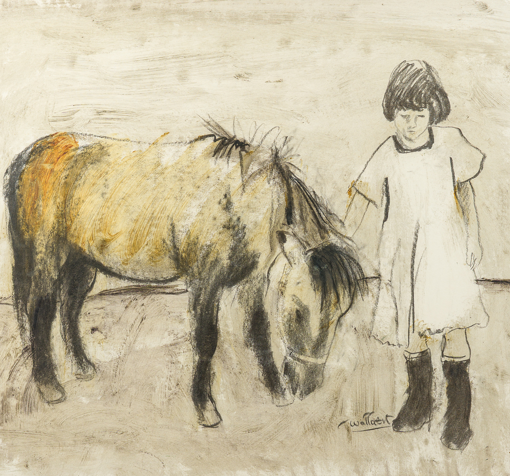 Martin Wallaert (1944): Een meisje met een shetlandpony, gemengde techniek op papier