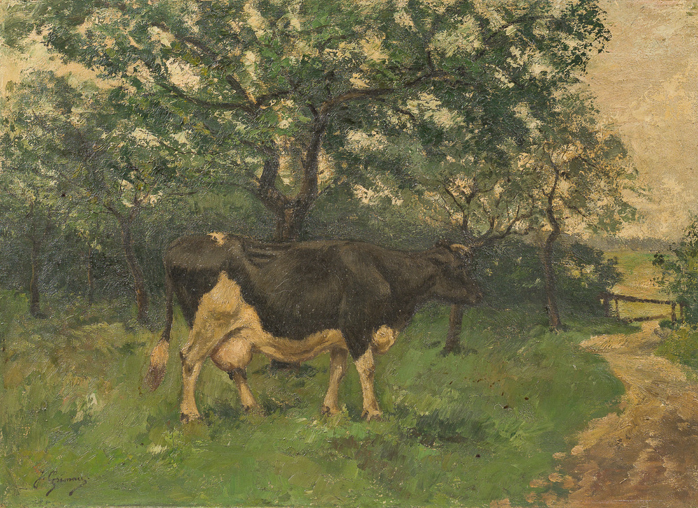 Joseph Grimau (1859-1938): Een koe op het erf van een boerderij, olie op doek