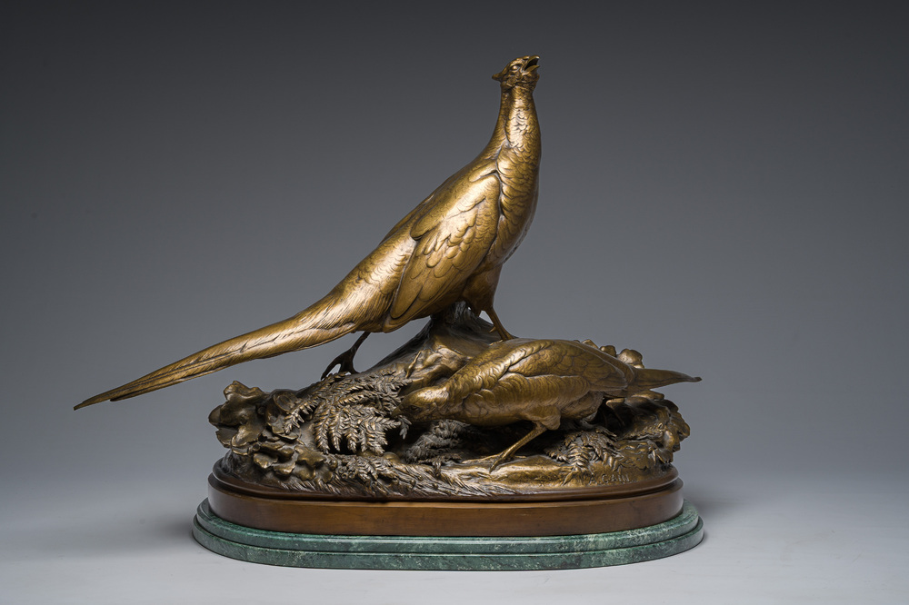 Auguste Nicolas Cain (1821-1894): Twee fazanten, gepatineerd brons op een vert de mer marmeren basis, gemerkt 'Susse Fr&egrave;res Editions Paris'
