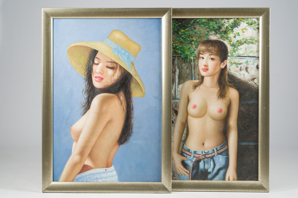 Chinese school, Zhang Kai Ji and Li Hong (21st C.): Two nude ladies, oil on canvas, dated 2009