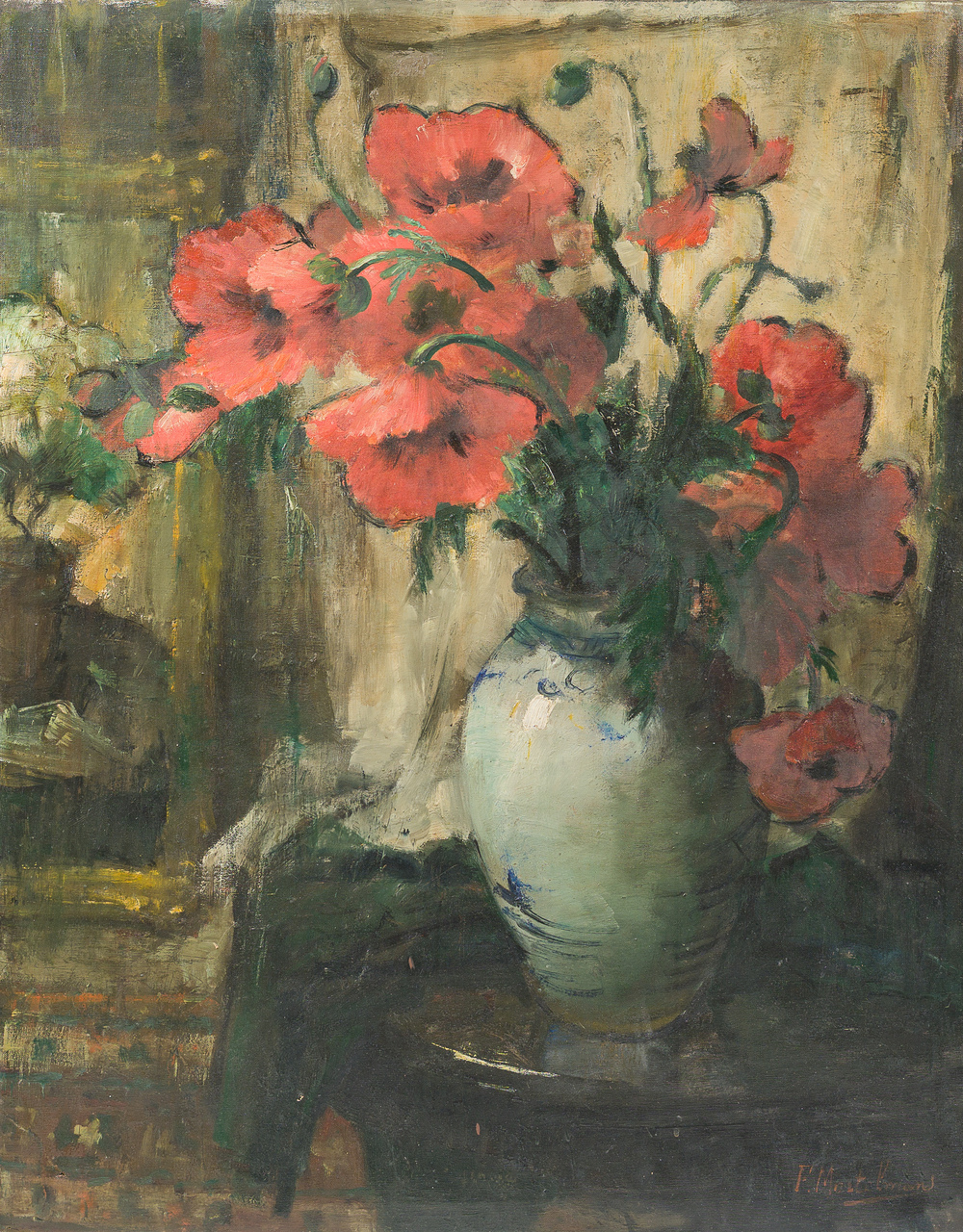 Frans Mortelmans (1865&ndash;1936): 'Red poppies in stone jar on table', oil on canvas