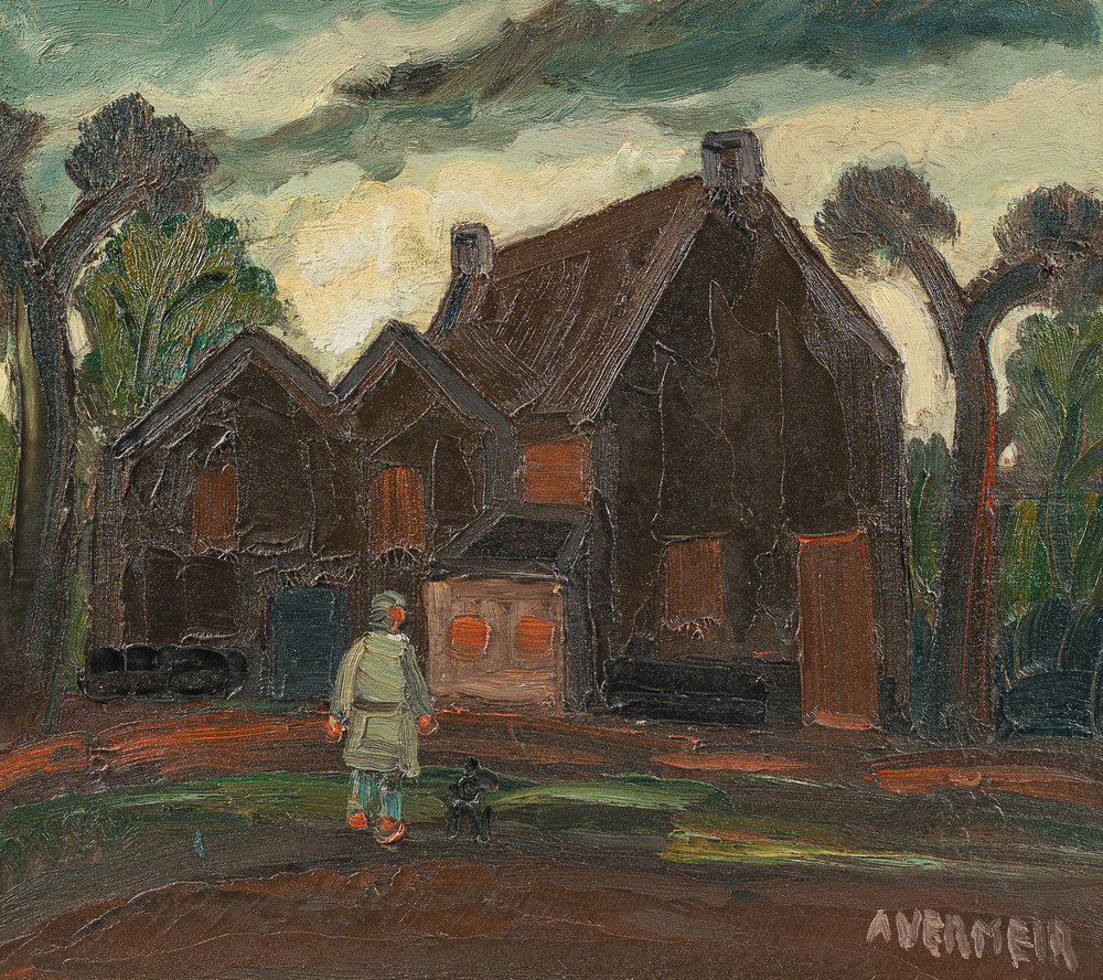Alphons Vermeir (1905-1994): Man met zijn hond op weg naar huis, olie op board