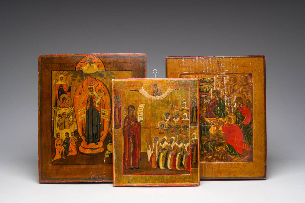 Drie Russisch-orthodoxe iconen, 'Moeder Gods, vreugde voor alle lijdenden', 'Moeder Gods Bogolyubovo' en 'Philoxenie van Abraham', 19de eeuw