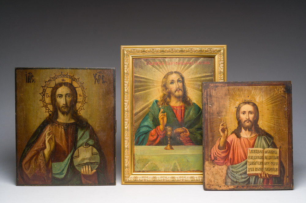 Drie Russisch-orthodoxe 'Christus Pantocrator' iconen, 19de/20ste eeuw