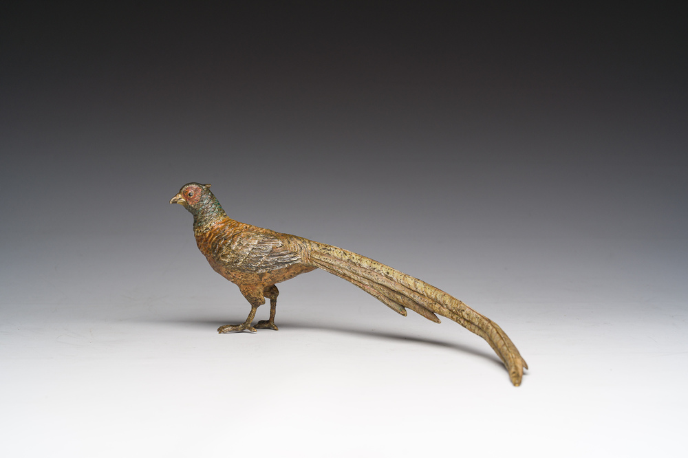 Een Weens polychroom koud beschilderd bronzen model van een fazant, 19de/20ste eeuw