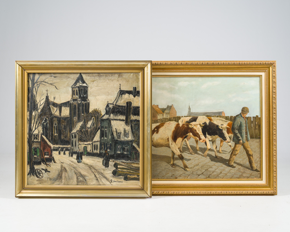 Belgische school: Boer op weg met zijn kudde koeien &amp; R. Van Haver: Zicht op een dorpsplein in wintertijd, olie op doek, 20ste eeuw