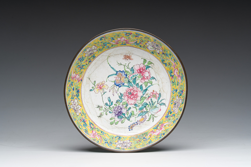 A Chinese Canton enamel dish with floral design, Qianlong