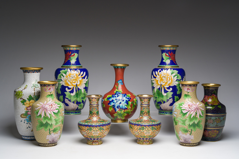 A varied collection of Chinese cloisonn&eacute; vases with floral design, 20th C.