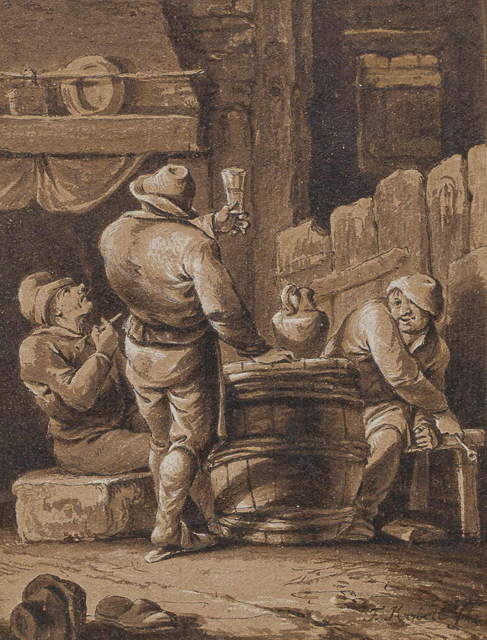 Ferdinand von Kobell (1740-1799): Peasants making merry in a tavern, washed ink drawing on paper