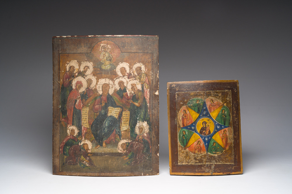 Twee Russisch-orthodoxe iconen, 'Onze-Lieve-Vrouw van de Brandende Struik' en 'De getroonde Christus (De&euml;sis)', 19de eeuw