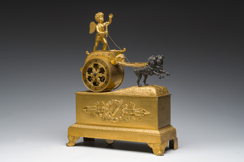 A French gilt and patinated bronze 'Cupid&rsquo;s chariot' mantel clock, 19th C.