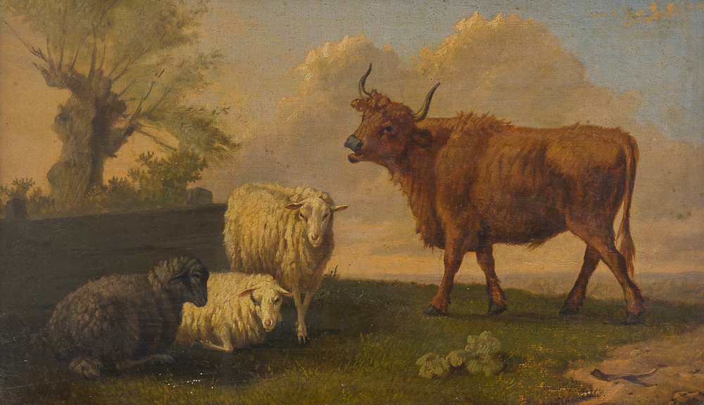 Paulus Potter (1625-1654, navolger van): Schapen en een stier in een landschap, olie op doek, 19de eeuw